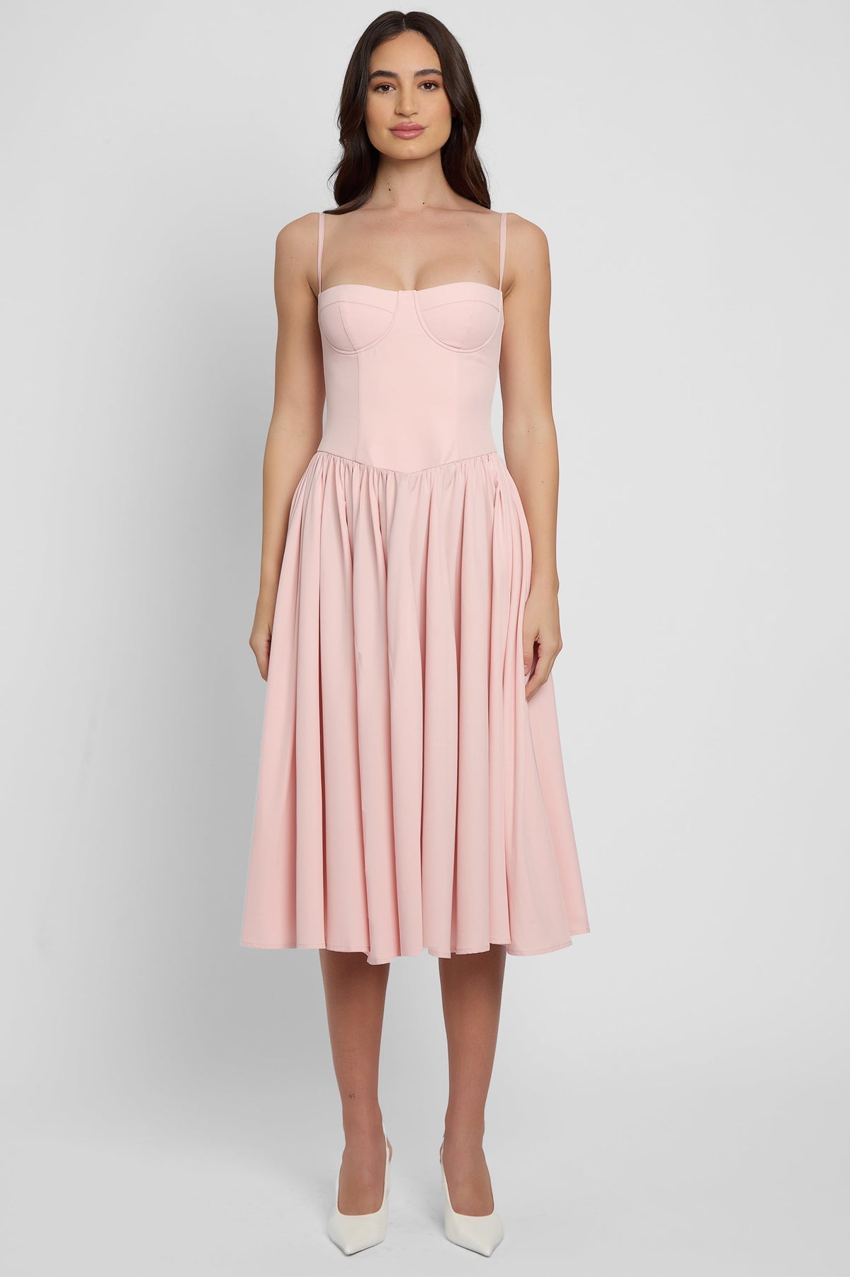 Ciara Büstiyer Midi Elbise Pembe Straplez