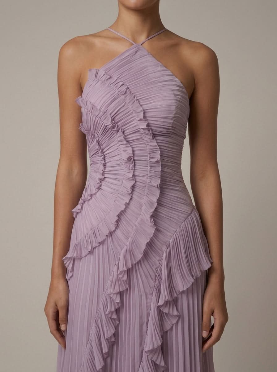 Halter Yaka Maxi Elbise Mor Pileli Detaylı