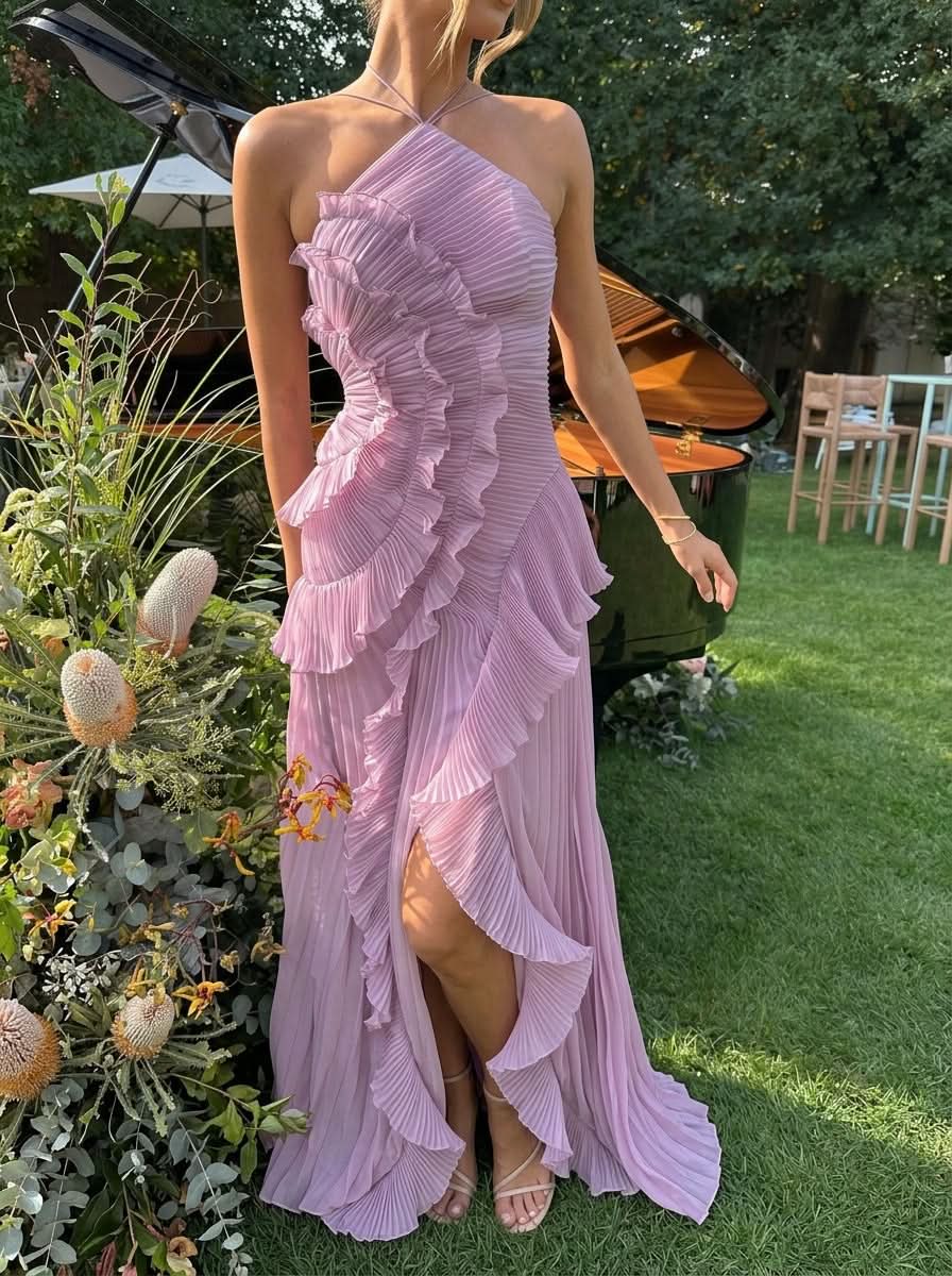 Halter Yaka Maxi Elbise Mor Pileli Detaylı