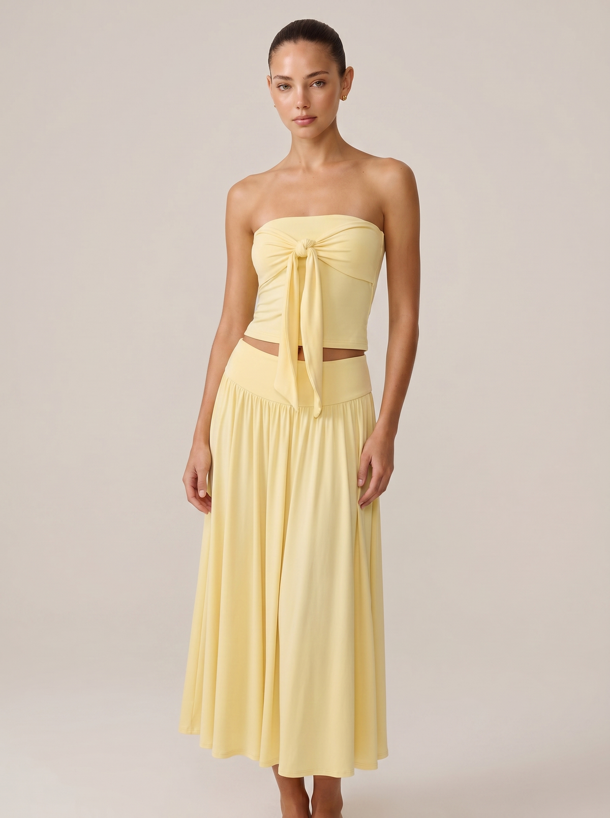 Strapless Knot Bağcıklı Tube Top + Yüksek Bel Curved Yoke Balletcore A-Line Midi Etek Set