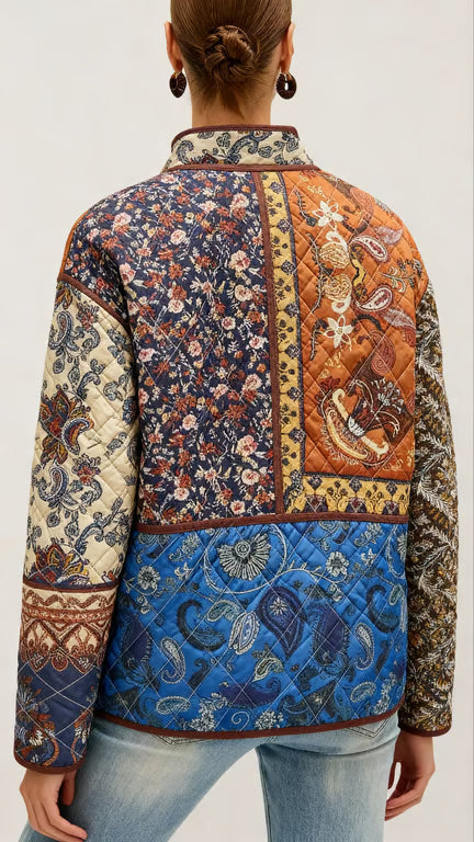 Patchwork Baskılı Uzun Kol Ceket Çok Renkli Oversize